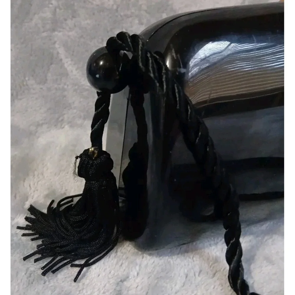 Vintage Hong Kong Made Plastic‎ Purse Black Tasseled Strap Gold Tone Latch READ